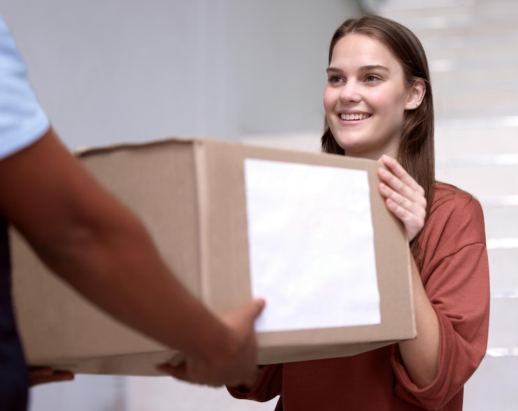 Foto caixa de casa ou mulher feliz com pessoa de entrega em casa para distribuição de comércio eletrônico ou estoque de envio correio de compras on-line ou cliente com trabalhador da cadeia de fornecimento para venda a retalho ou pacote de produto