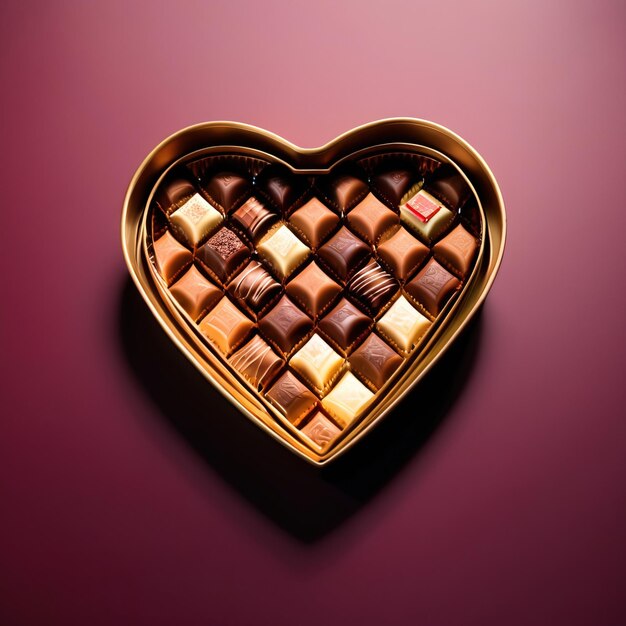 Caixa de chocolates em forma de coração uma variedade de doces para celebrar o romance, o amor e o Dia dos Namorados