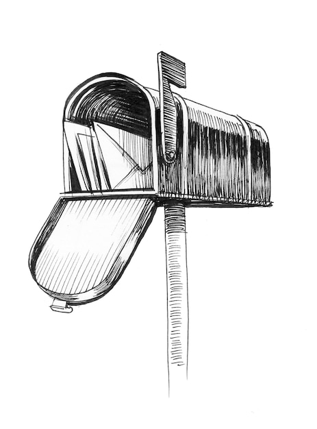 Caixa de correio vintage. Desenho de tinta preto e branco