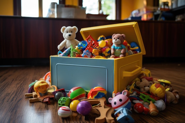 Foto caixa de doações cheia até a borda com brinquedos novos