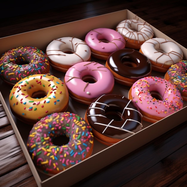 caixa de donuts hiper realista exagerado brilhante