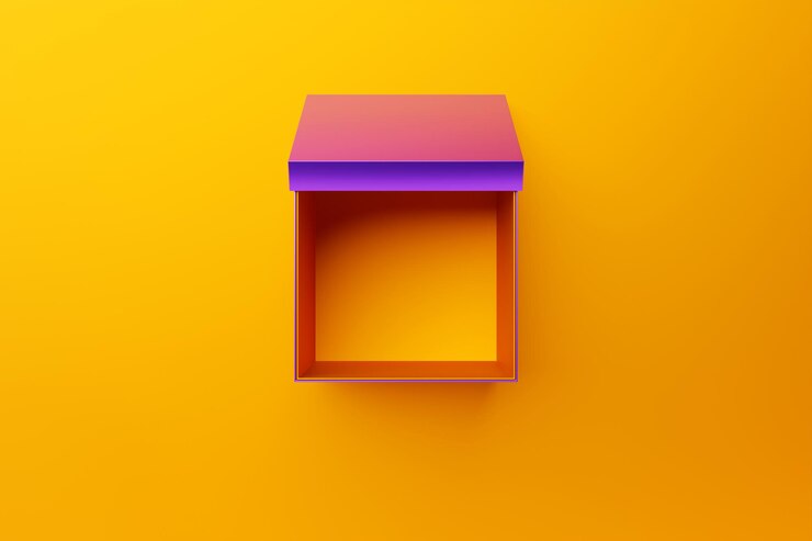 Foto caixa de embalagem vazia amarela modelo aberto isolado em fundo monocromático ilustração 3d