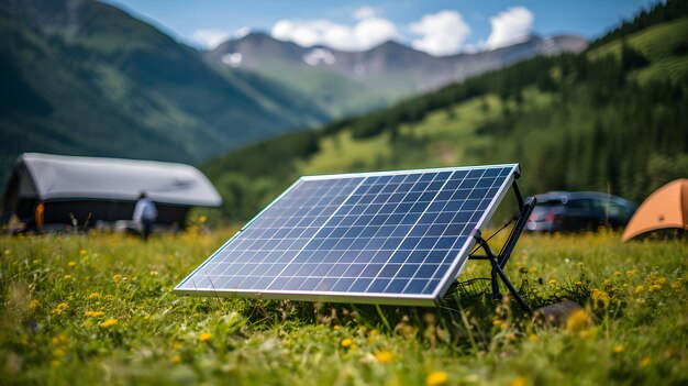 Caixa de energia nas montanhas Soluções inteligentes de energia solar portátil em acampamentos de viagem IA geradora