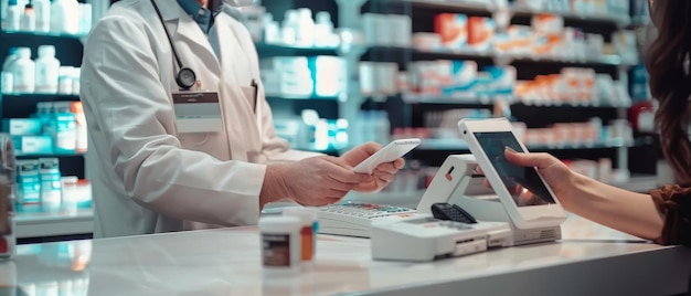 Caixa de farmácia Contador de caixa Farmacêutico e cliente Usando smartphones NFC com terminais de pagamento sem contato para comprar remédios de prescrição Produtos de cuidados de saúde Closeup