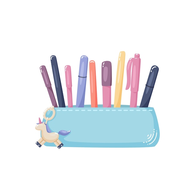 Foto caixa de lápis com canetas brilhantes e chaveiro bonito com unicórnio suprimentos escolares ilustração vetorial de rabiscos planos