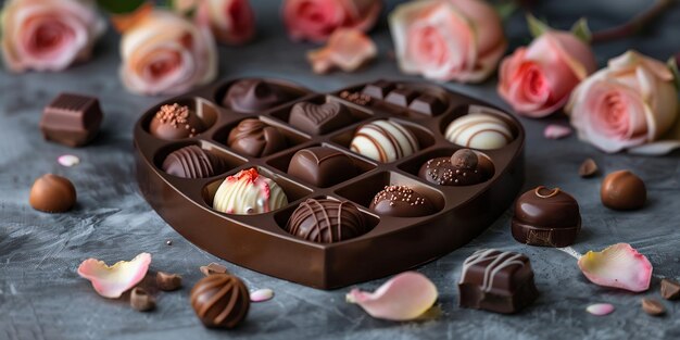 Caixa de luxo de chocolates feitos à mão com rosas conceito de presente