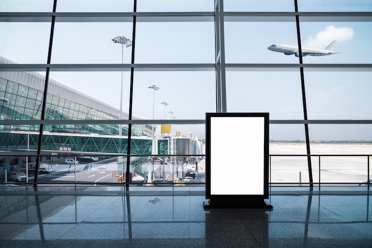 Foto caixa de luz de publicidade em branco no terminal do aeroporto moderno