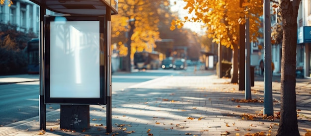 Foto caixa de luz vazia com uma maquete de foto colocada horizontalmente em uma parada de ônibus sob a luz solar