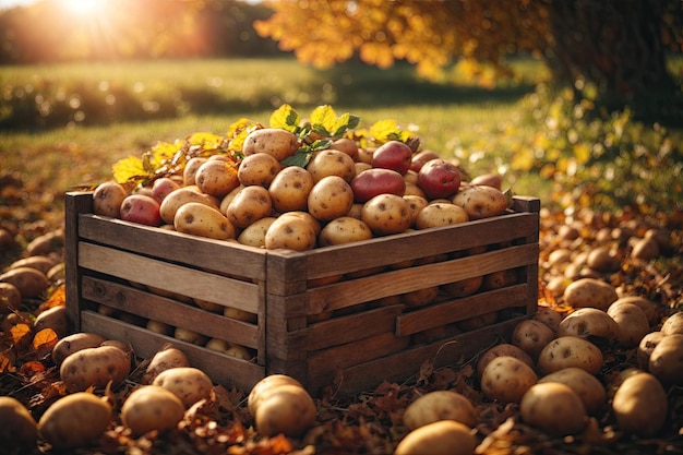 Caixa de madeira cheia de batatas em um campo folhas de outono ai generativo