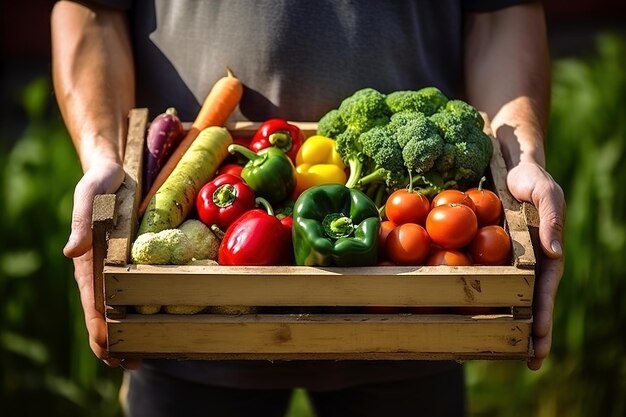 Caixa de madeira com vegetais frescos da fazenda nas mãos do homem ao ar livre