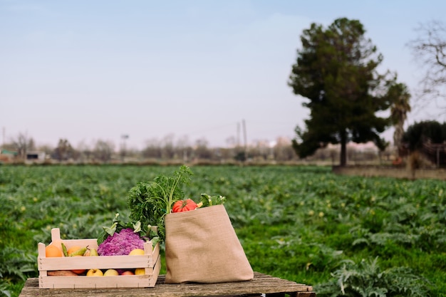 Caixa de madeira e sacola cheia de vegetais e frutas