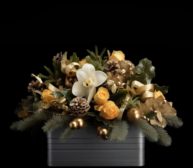 Caixa de Natal com arranjo floral com abeto e rosas Generative AIxA