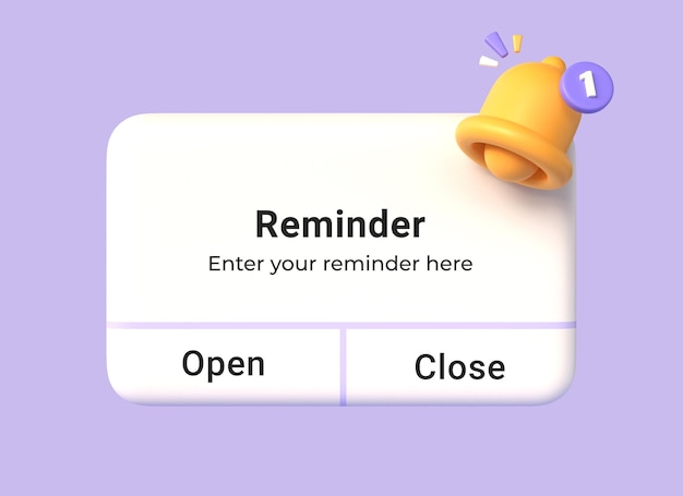 Caixa de notificação 3D com sino amarelo e botão de abertura em estilo de desenho animado conceito de lembrete ou ilustração de evento de planejamento de negócios isolado em fundo roxo renderização 3D
