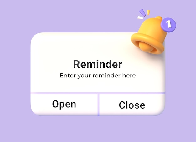 Foto caixa de notificação 3d com sino amarelo e botão de abertura em estilo de desenho animado conceito de lembrete ou ilustração de evento de planejamento de negócios isolado em fundo roxo renderização 3d