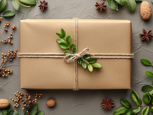 Foto caixa de papelão castanho estilo minimalismo decorado com brunches secos ar 43