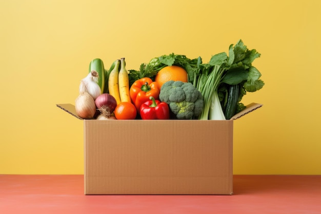 Caixa de papelão com vegetais e frutas em uma caixa de papelão entrega de comida e conceito de footbank