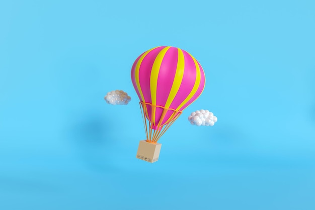 Caixa de papelão de ilustração 3d com balão de ar quente e nuvens renderização em 3d