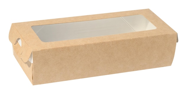 Caixa de papelão retangular marrom vazia com uma tampa transparente em um fundo branco isolado