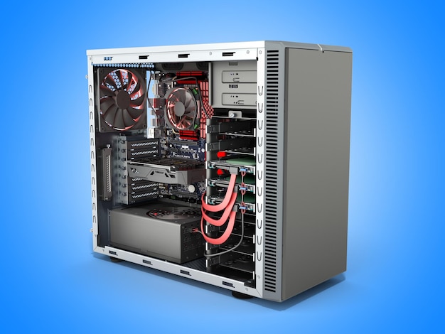 caixa de PC aberta com peças internas placa-mãe resfriador placa de vídeo fonte de energia unidades HDD renderização 3D em azul