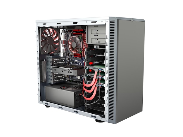 caixa de PC aberta com peças internas placa-mãe resfriador placa de vídeo fonte de energia unidades HDD renderização 3D em branco sem sombra