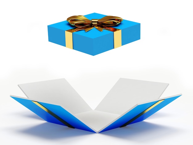 Caixa de presente aberta azul com fita dourada