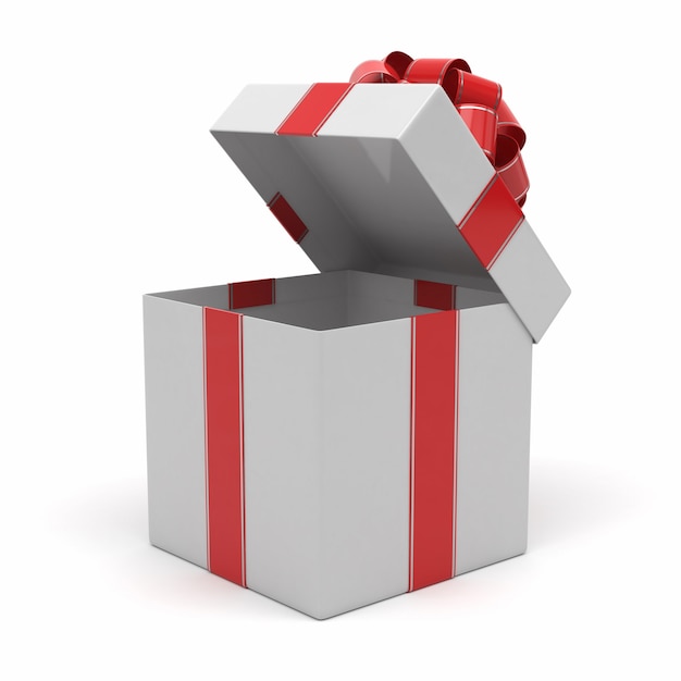 Foto caixa de presente aberta com arco vermelho e prata
