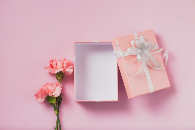 Caixa de presente aberta com flores de cravo, conceito de dia das mães e dia dos namorados