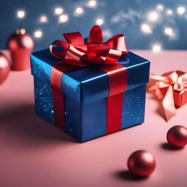 Caixa de presente azul com conceito de feriado ou aniversário de fita vermelha com espaço de cópia para você projetar