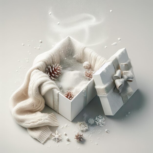 Foto caixa de presente branca aberta no conceito de natal na neve