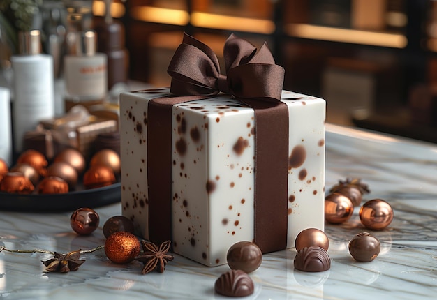 Caixa de presente branca com fita marrom é decorada com trufas de chocolate e estrelas de anis