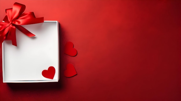Caixa de presente branca com fita vermelha e coração Fonte vermelha Espaço de cópia Conceito do Dia dos Namorados