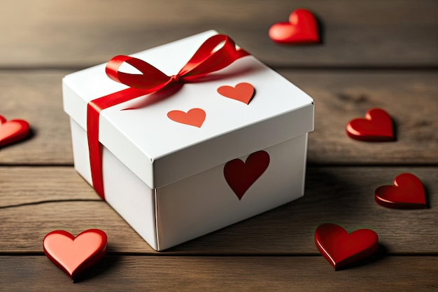 Caixa de presente branca com fita vermelha e corações em fundo de madeira Generative AI