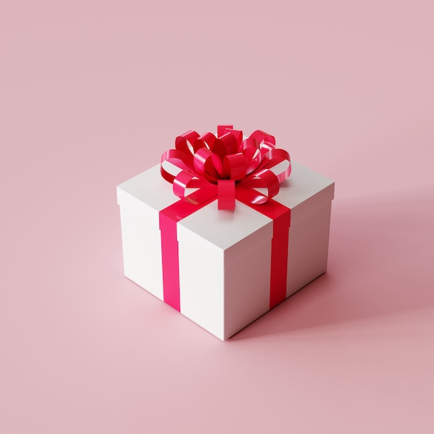 Caixa de presente branca com fita vermelha na cor rosa. Ideia de Natal. Renderização em 3D.