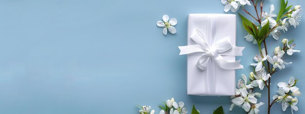 Caixa de presente branca com flores em fundo azul claro Cartão de saudação minimalista para aniversário weddi