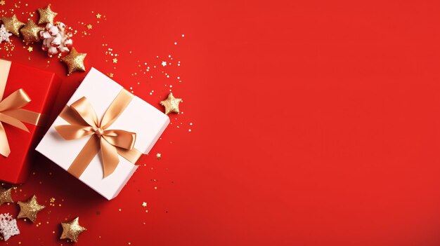 Caixa de presente branca com laço dourado e decoração de presentes de natal em fundo vermelho Feliz Natal e feliz ano novo plano de fundo visão superior cópia espaço generativo AI