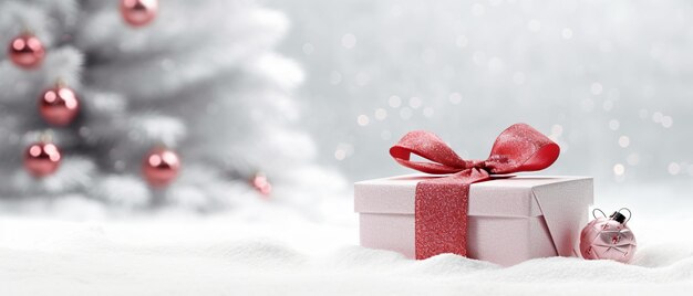Caixa de presente branca com um arco vermelho de fundo de Natal Generative Ai
