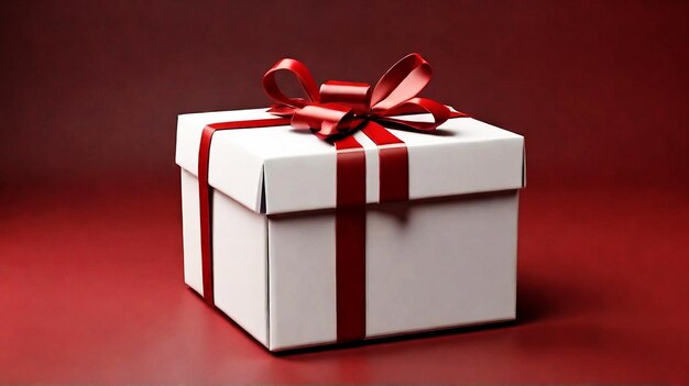 Caixa de presente branca em branco aberta ou vista superior de caixa de presente branca amarrada com laço vermelho isolado no escuro