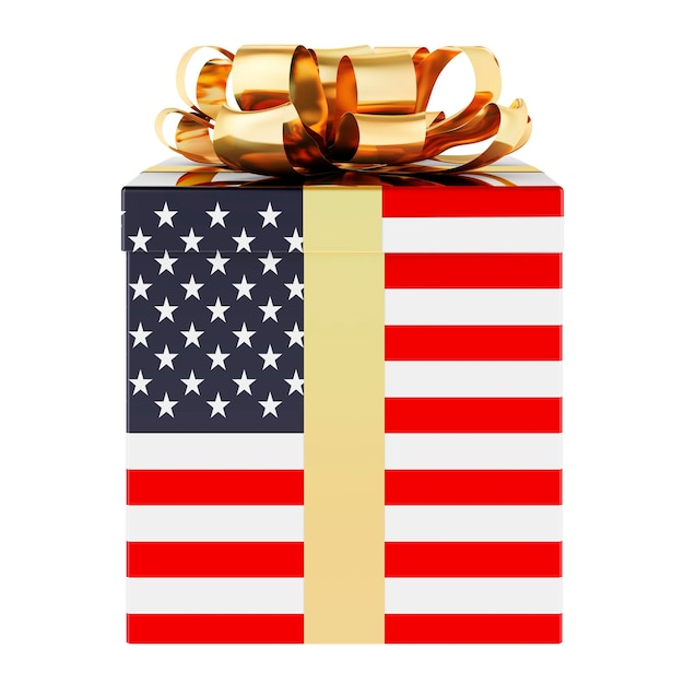 Caixa de presente com a bandeira dos Estados Unidos Férias nos EUA conceito de renderização 3D isolado em fundo branco