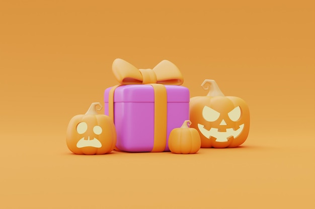 Caixa de presente com abóboras de Halloween JackoLantern em fundo amarelo tradicional feriado de outubro renderização em 3d