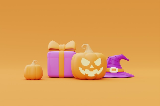 Caixa de presente com abóboras de halloween jackolantern em fundo amarelo tradicional feriado de outubro renderização em 3d