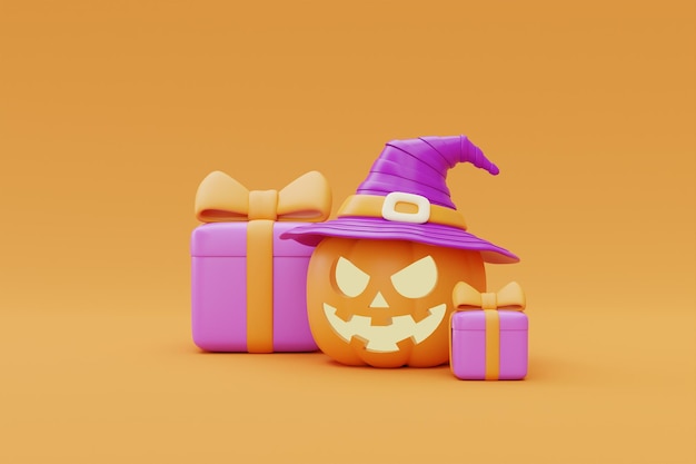 Caixa de presente com abóboras de Halloween JackoLantern em fundo amarelo tradicional feriado de outubro renderização em 3d