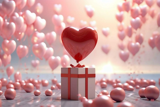 Caixa de presente com balões e corações Caixa de regalo com balões valentines fundo