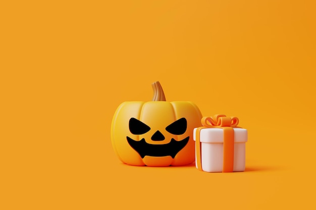 Caixa de presente com Halloween Jack o Lantern abóbora em fundo laranja Conceito feliz Halloween 3D