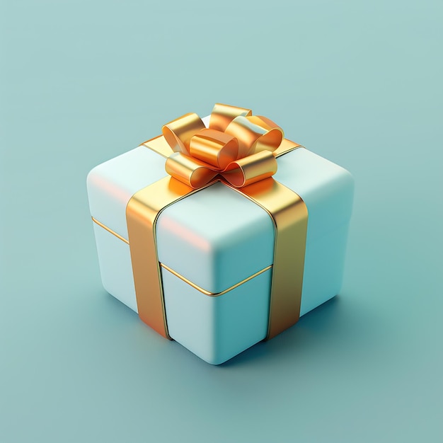 Caixa de presente com laço dourado em fundo azul renderização 3D
