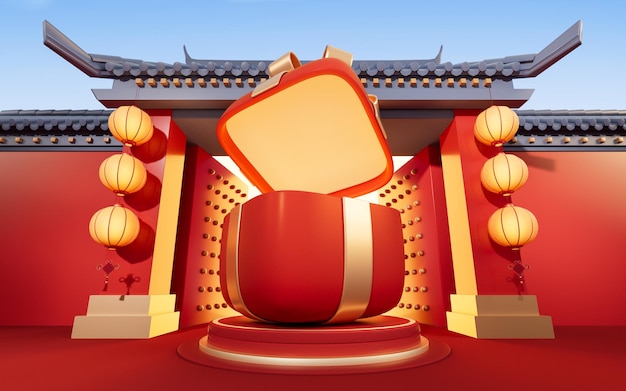 Caixa de presente com renderização 3d de fundo de prédio antigo chinês