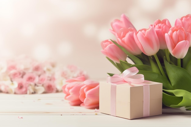 Caixa de presente com tulipas cor-de-rosa em fundo claro cartão de saudação com espaço de cópia
