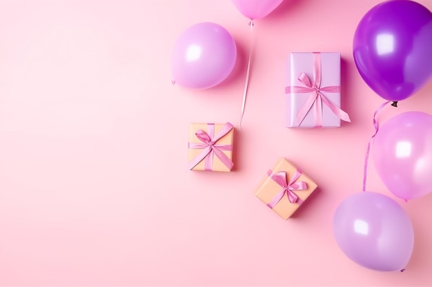 Caixa de presente de aniversário com balão colorido em fundo pastel rosa Ai gerado