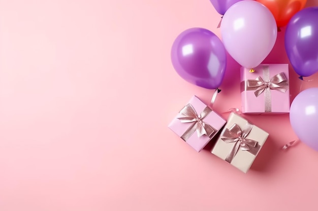 Caixa de presente de aniversário com balão colorido em fundo pastel rosa Ai gerado