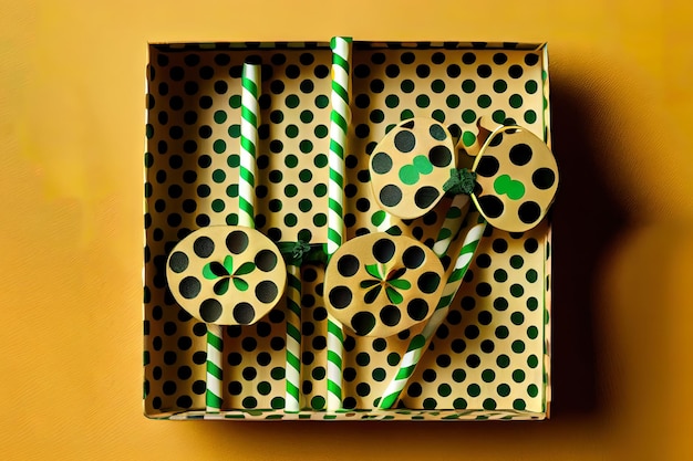Caixa de presente de gravata borboleta com trevos de padrão de bolinhas e moedas de ouro em isolado Generative Ai