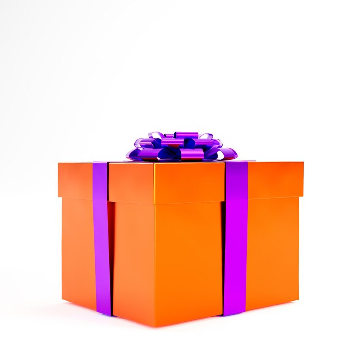 Foto caixa de presente de halloween com cores laranja e roxa em fundo branco e espaço de cópia renderização 3d